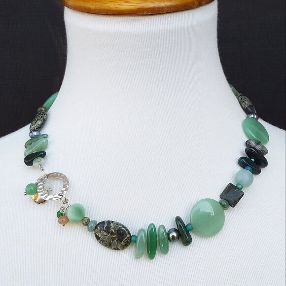 Multi Gemstone Necklace Green Aventurine Agate Pearl 18.5in Custom OOAK - Picture 9 of 11